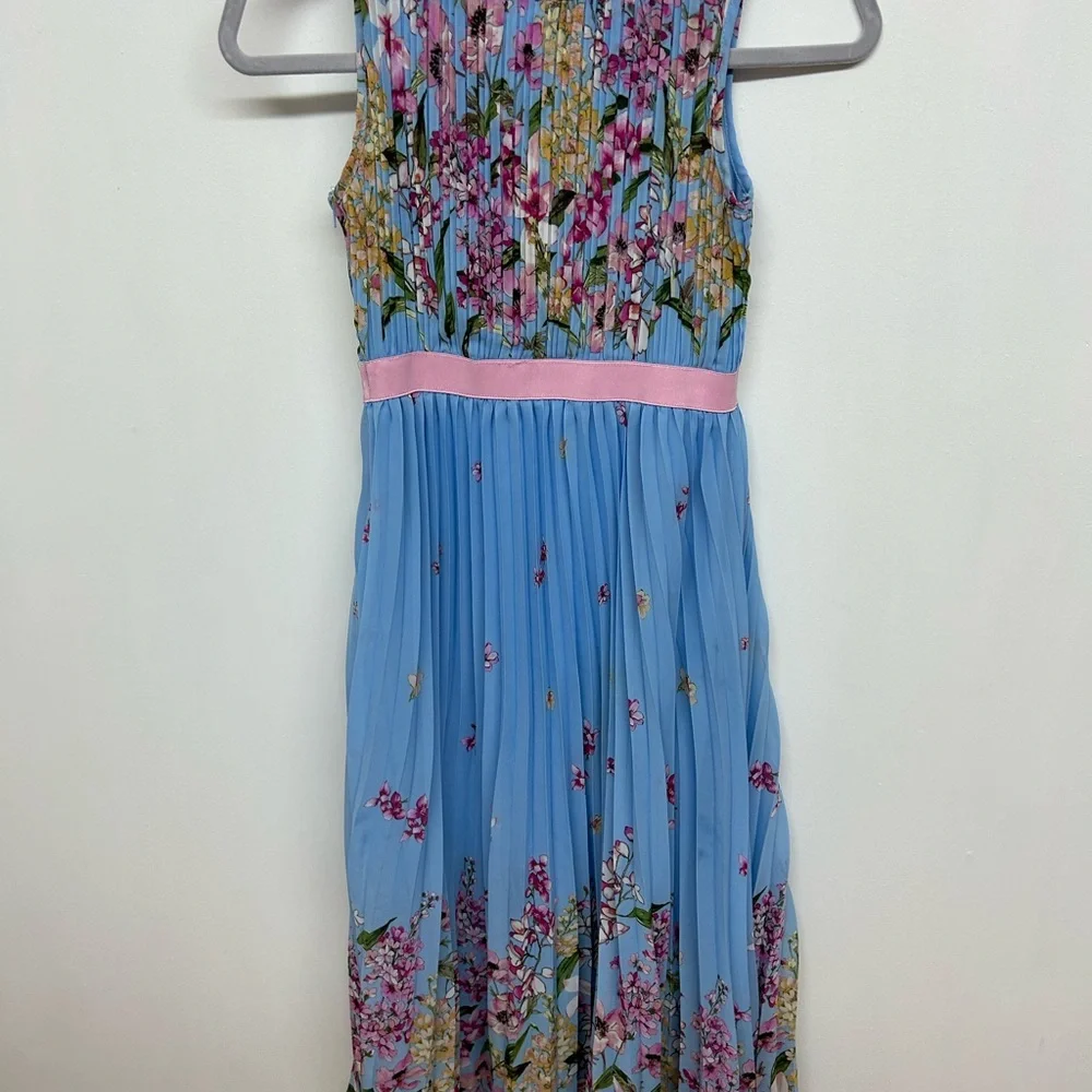 Blue Floral Girls' Dress with Pink Waistband